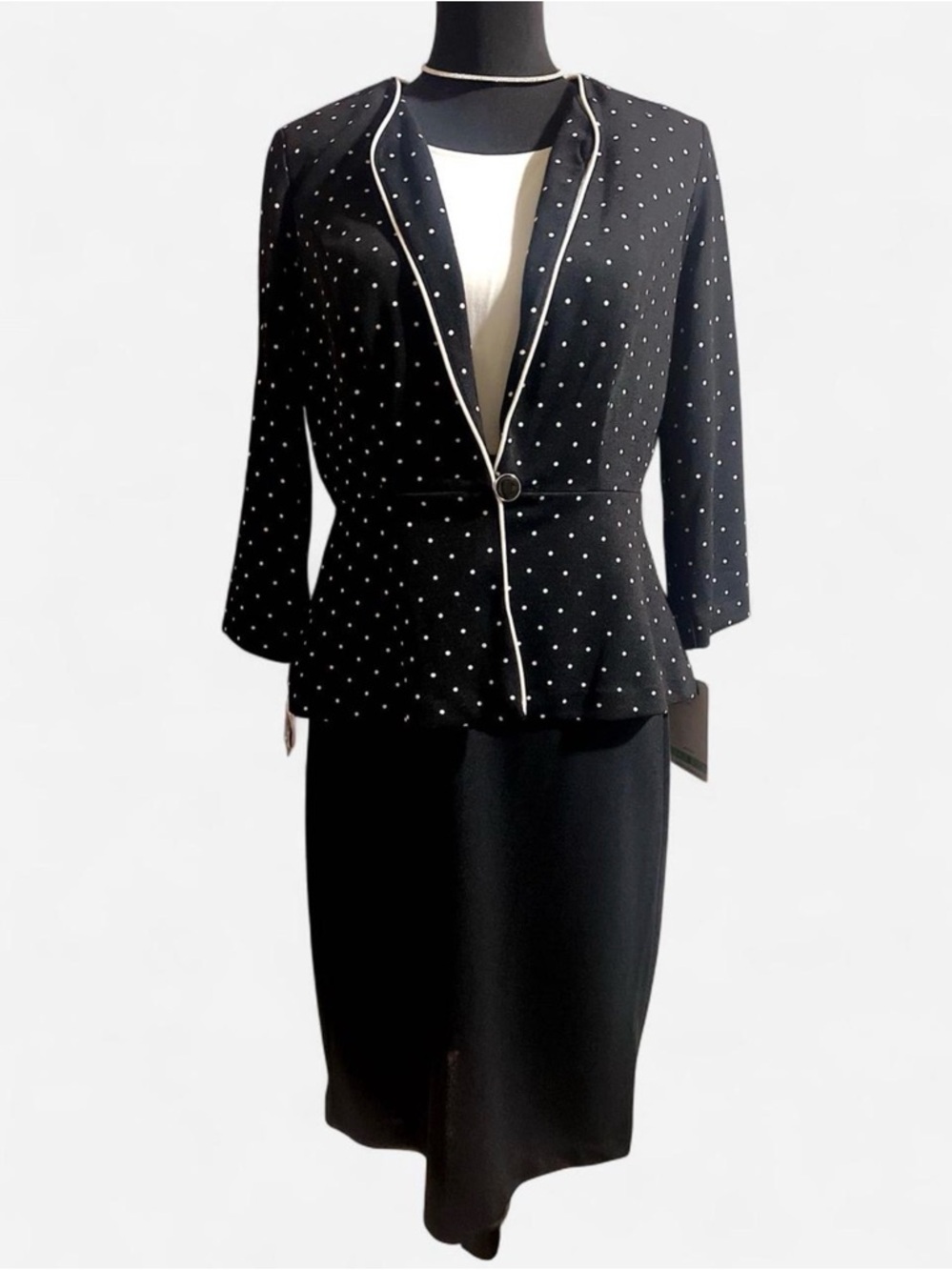 Danny & Nicole Black Polka Dot Peplum Blazer with White Piping